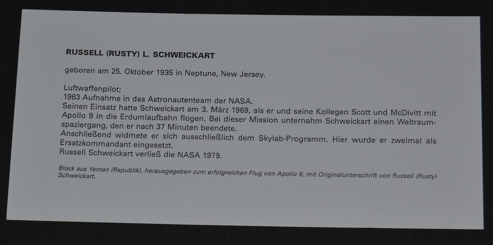 Rusty Schweickart - Apollo 9 Astronaut Signed Sieger Stamp Block Autograph