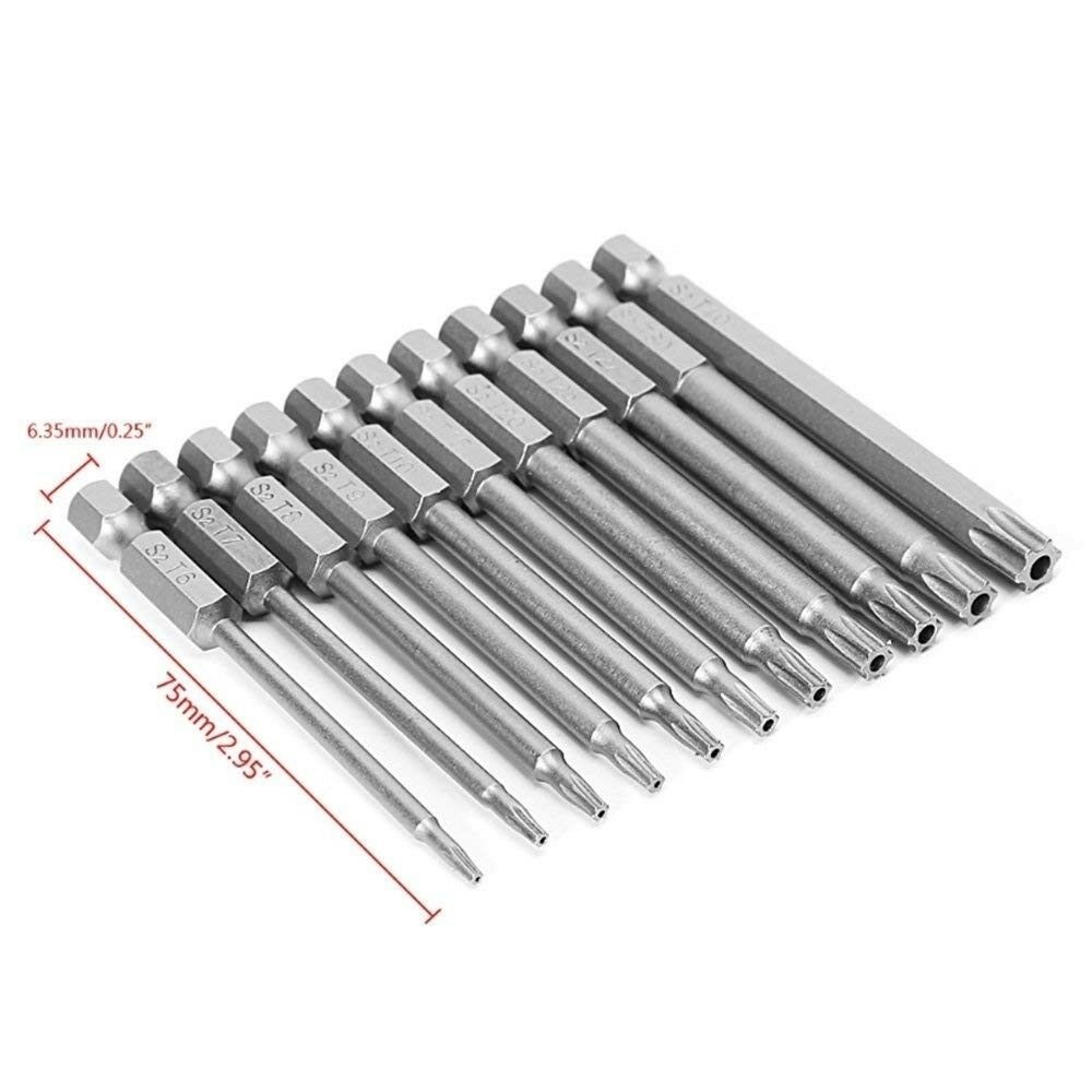 11* 75mm Tamper Proof Security Drill Bit Set Torx Screwdriver Flat Head 1/4" Hex