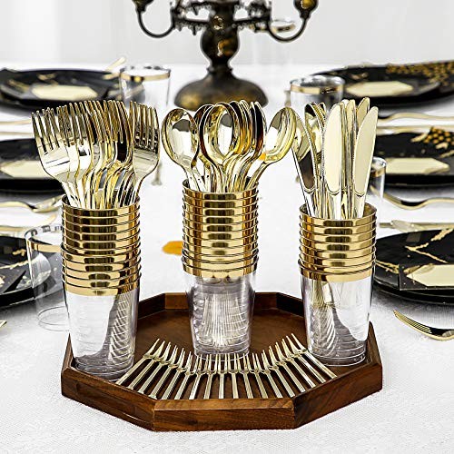 N9R 225pcs Gold Plastic Plates, Disposable Dinnerware Set Include 25 Black