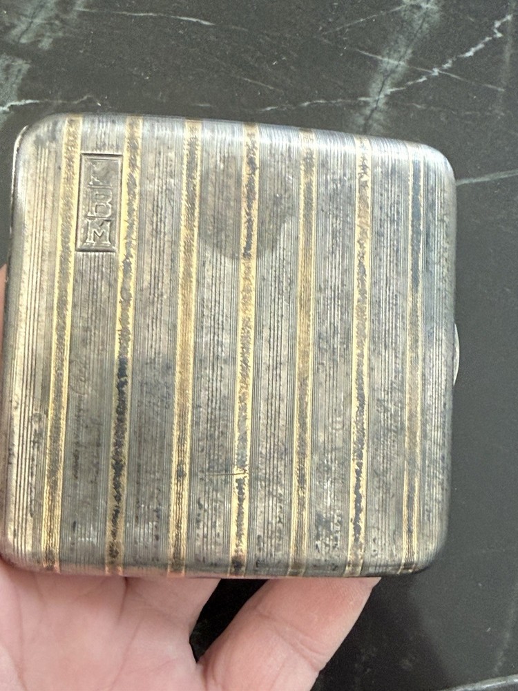 Solid Sterling Silver & 14K Gold Inlay Antique Cigarette Case 90 Grams