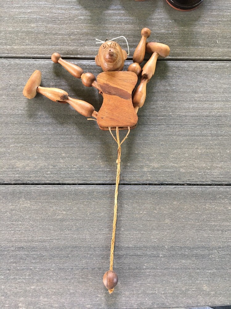 Vintage Hand Carved From India Wood Boy Monkey Bear String Pull Puppet Toy