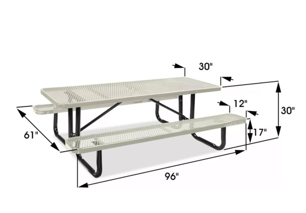 PICNIC TABLE Commercial - All Metal Construction & Steel Frame 8 Ft Rectangular
