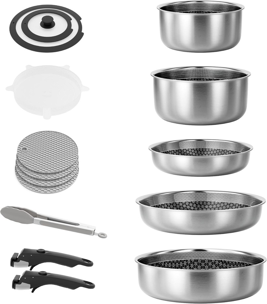 Detachable Nonstick Cookware Set Stackable Induction Pots & Pans W/ Removable