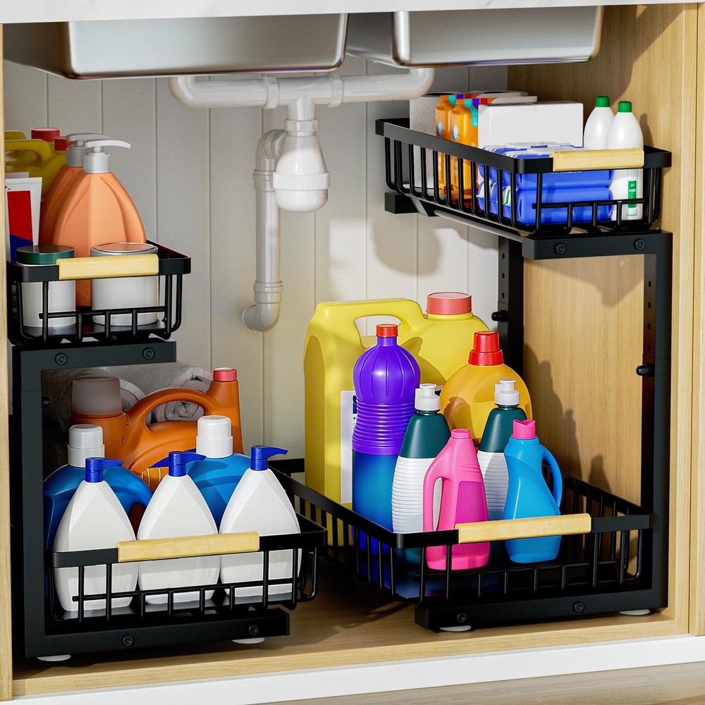 2Pcs Under Sink Organizer, Adjustable Under Sink Organizers and Storage, 2-Ti...