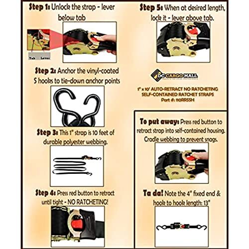 2Auto Retract Ratchet Straps w/Soft Loop, 1" x 10" SELF-CONTAINED Compact Cargo