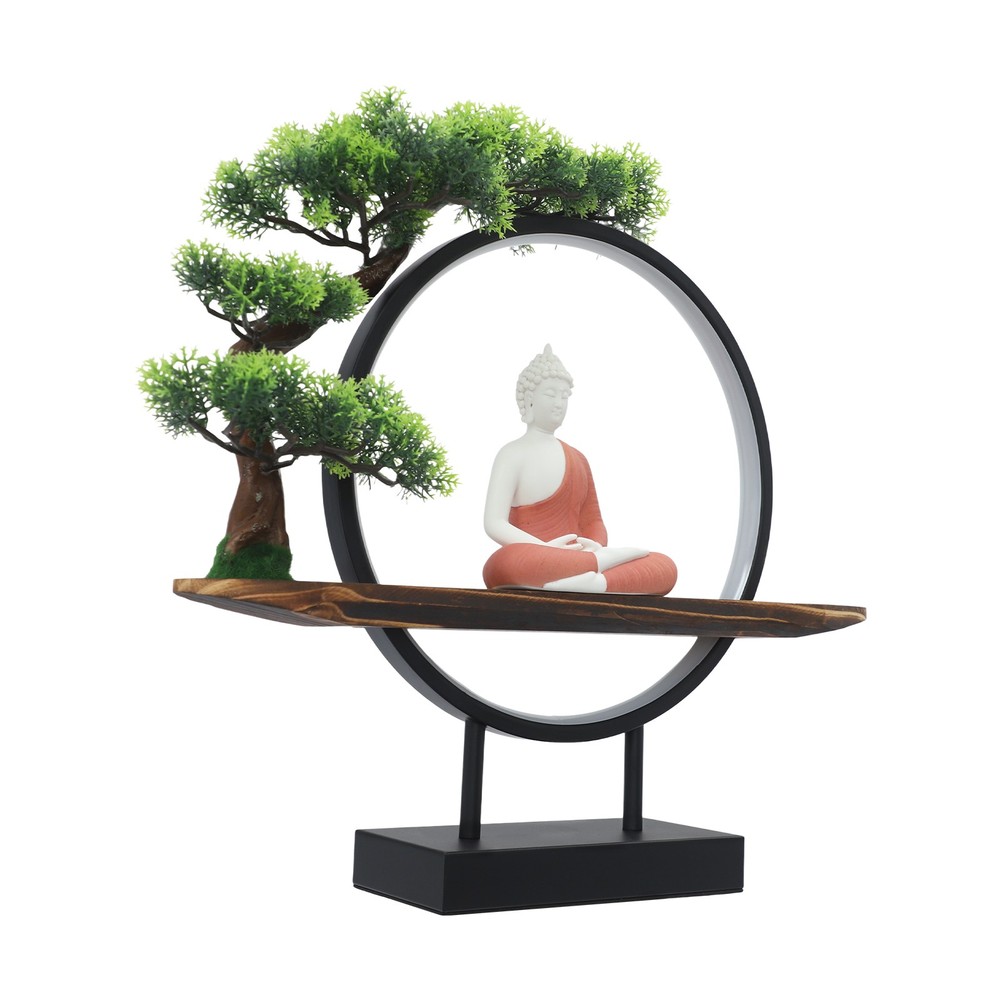 Desktop Decorative Buddha Statue Ornament With LED Circle Lamp+Artificial Tree