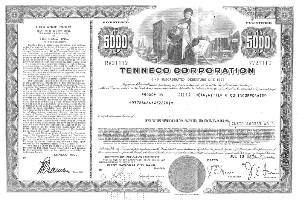 TENNECO EXCHANGE RIGHT $ 5000  STOCK CERTIFICATE