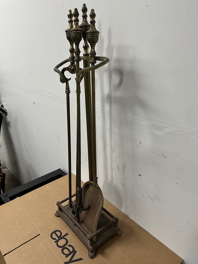 Vintage Solid Brass Fireplace 3 Tools with Stand Set