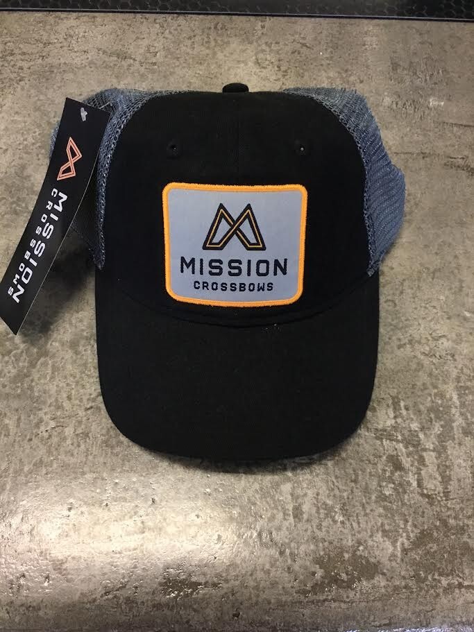 Mission Crossbow Hat  Adjustable Black Cap Gray Logo patch