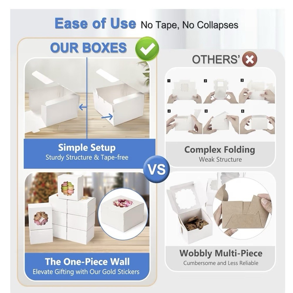 White Bakery Boxes with Window 12 Pc 6x6x3 Inches Cookie Boxes Mini Cake Boxe...
