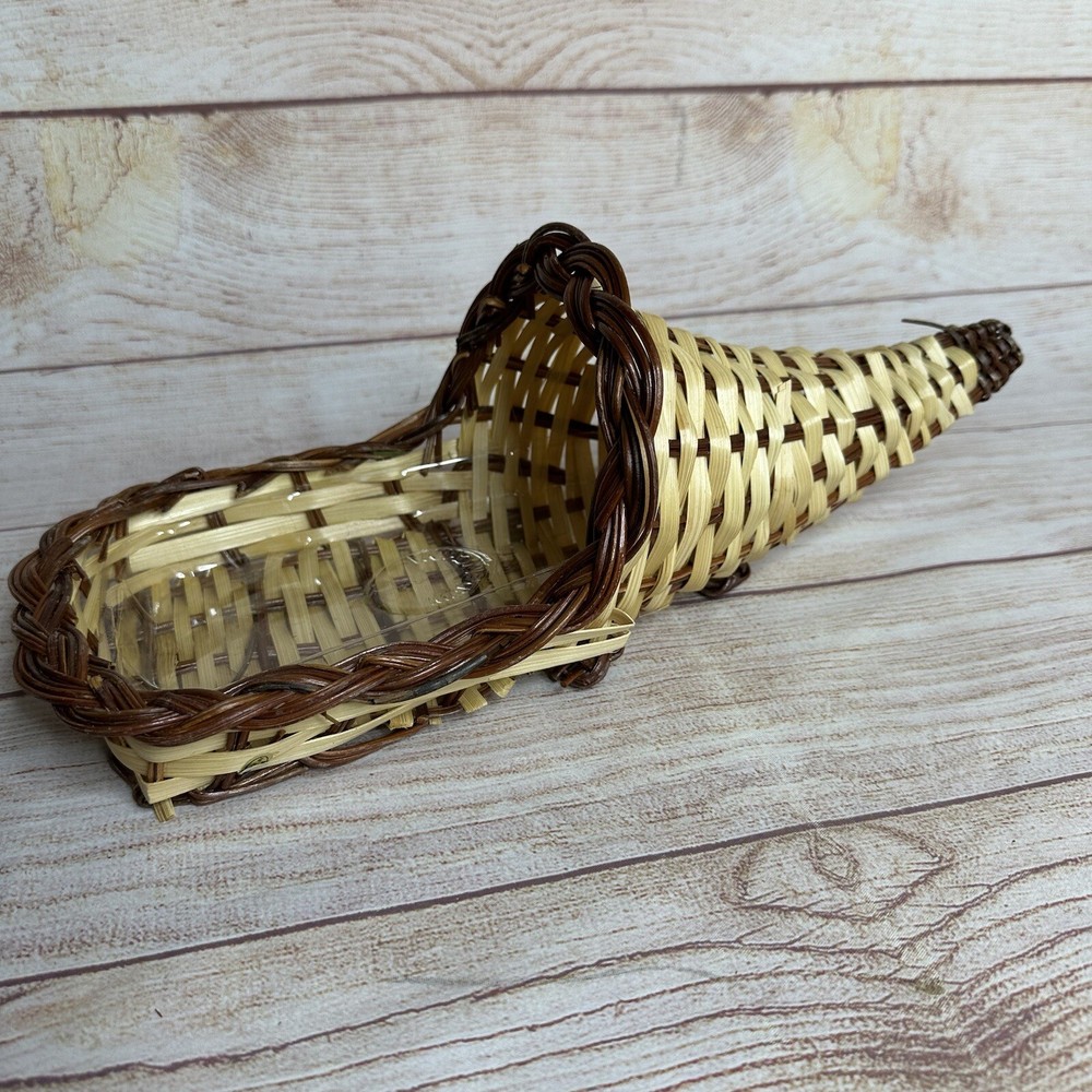 Cornucopia Horn of Plenty Rustic Woven Lined Wicker Basket Fall Thanksgiving