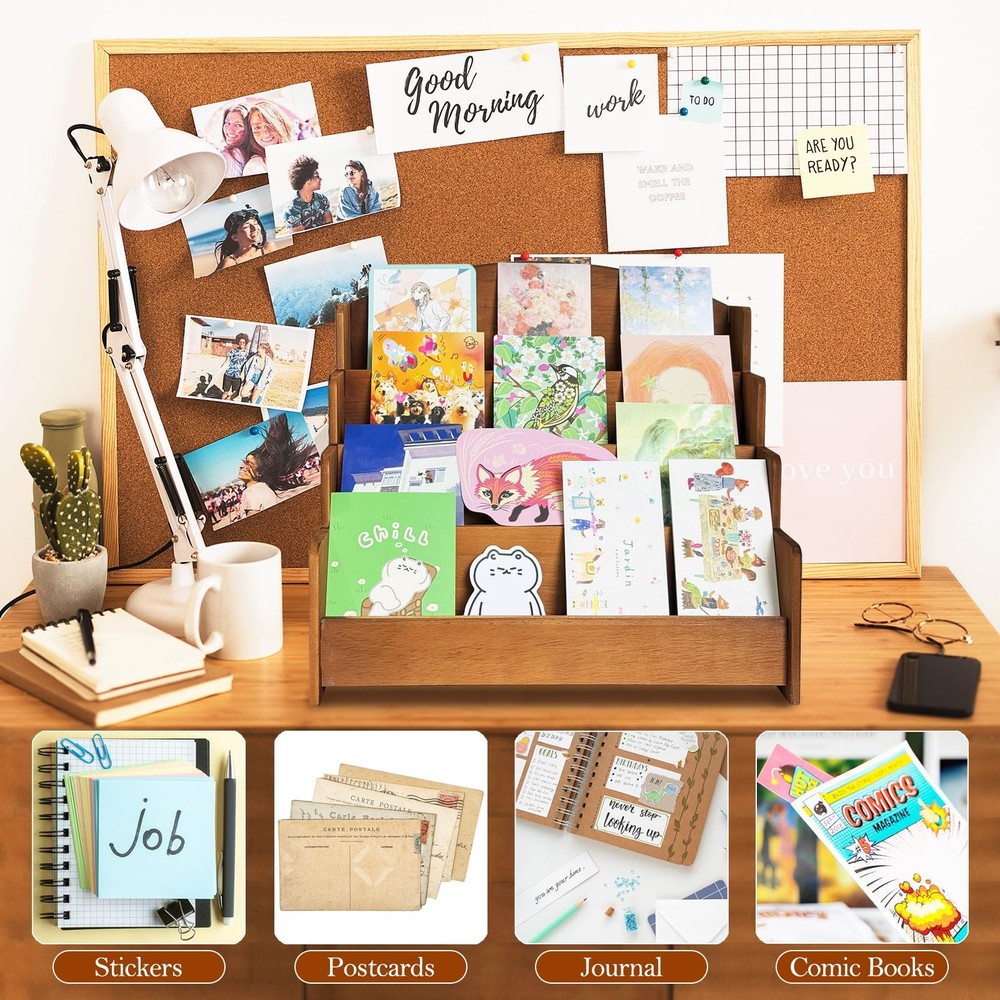 Greeting Cards Display Stand 4 Tier Solid Wood Card Display Rack, Sticker Sta...