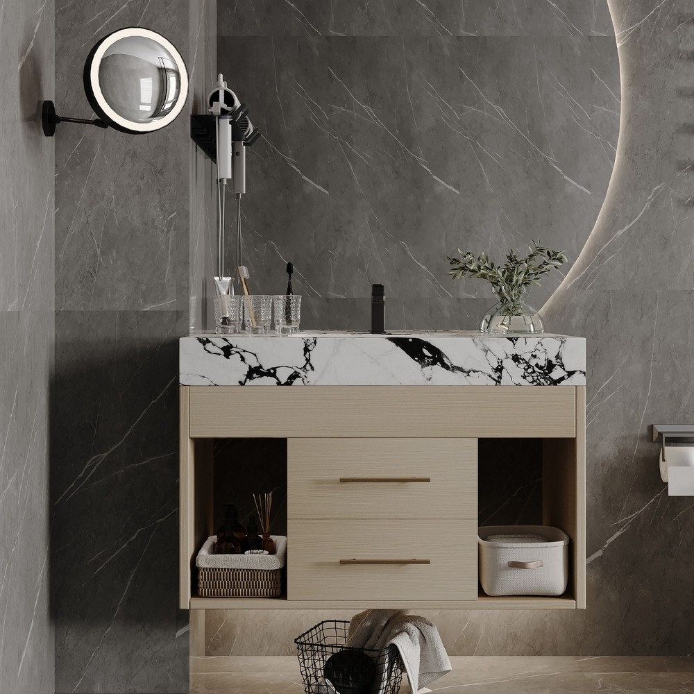 Modern Floating Bathroom Vanity with Ceramic Sink Wall-Mounted Storage Cabinet