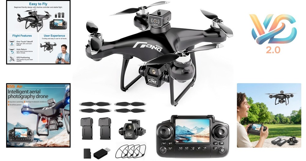 Beginner Foldable Drone with Screen Controller 720p HD Camera 2 Batteries Black