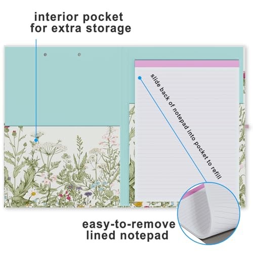 Clipboard Folio with Refillable Lined Notepad, Low Profile Clip and Interior