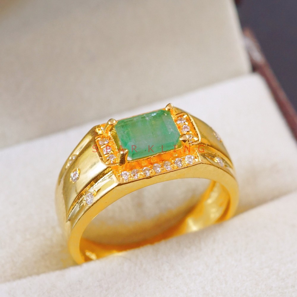 Emerald Octagon Cut With 14K Solid Gold Ring For Men's #E508