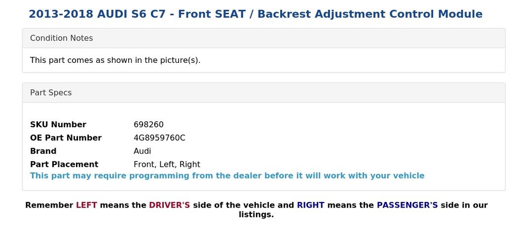 2013-2018 AUDI S6 C7 - Front SEAT / Backrest Adjustment Control Module