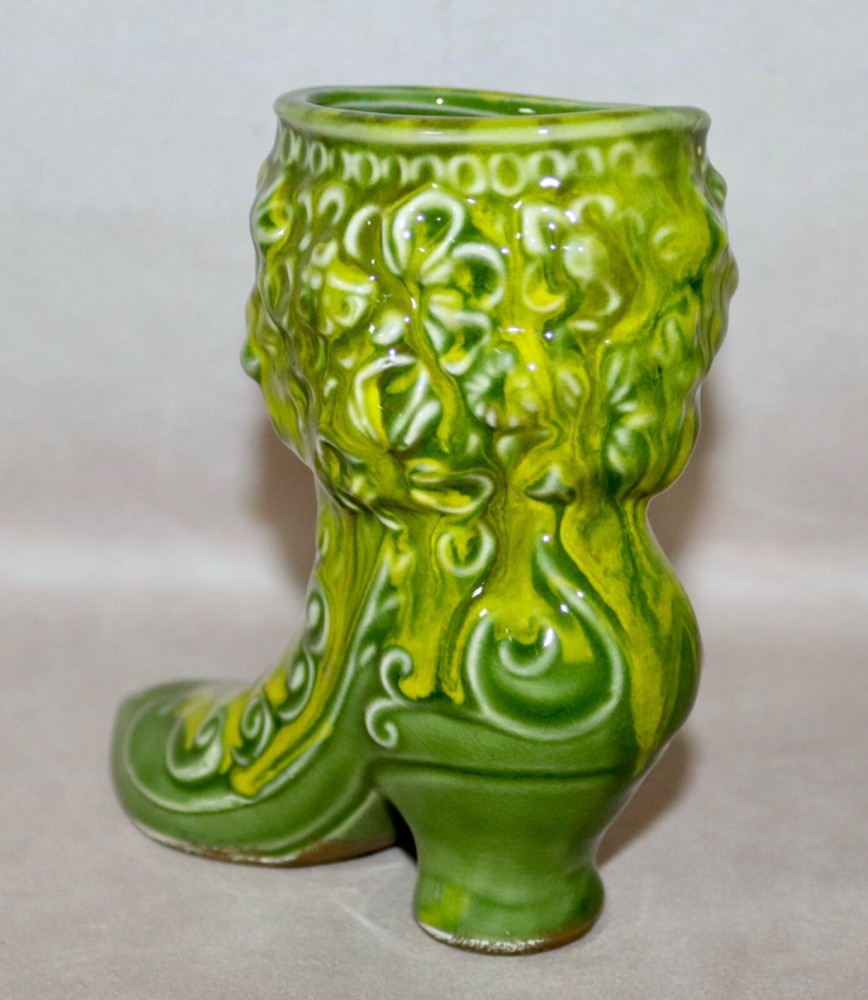 Green & Yellow Glazed Victorian Boot 5.5” Ceramic Planter ~ Vase
