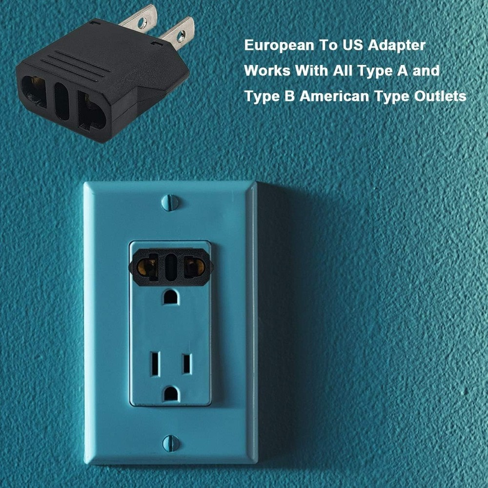 European to Plug Adapter, Black, 2-Pack, Type E/F to Type A/B, Fireproof, C...