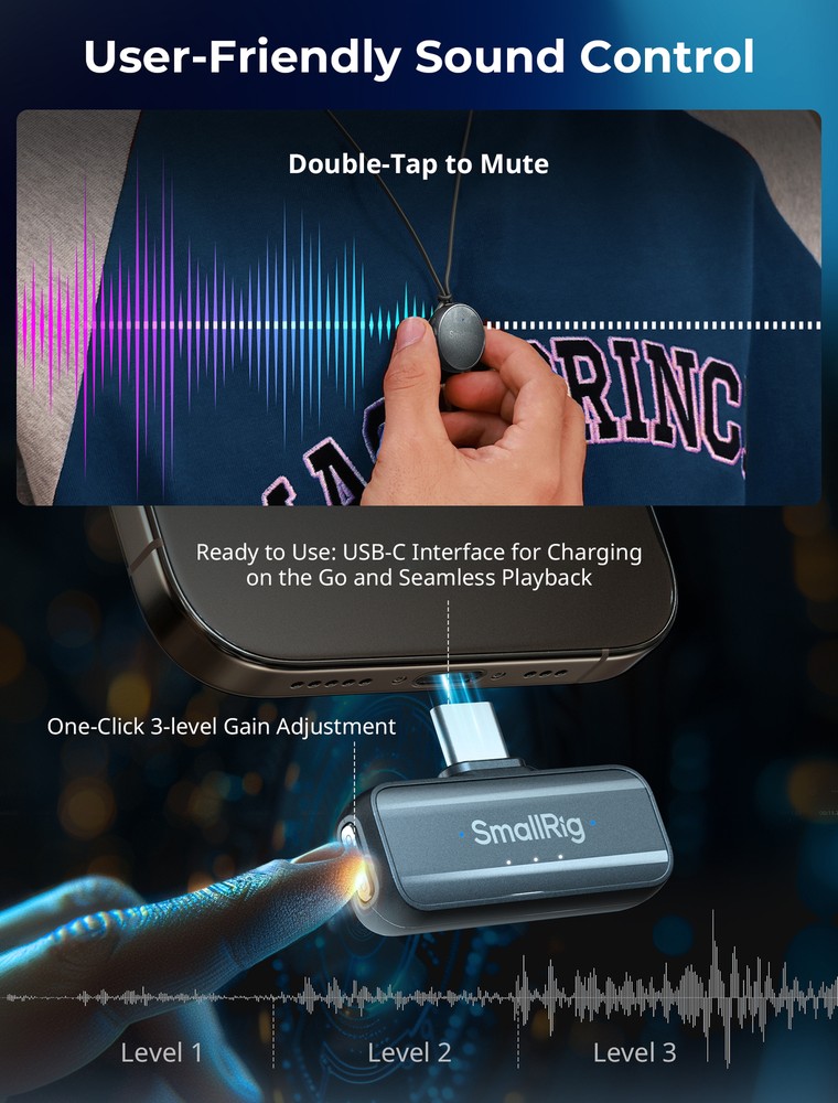 SmallRig S60 Wireless Lavalier Microphone with USB C for iPhone for Android 4934