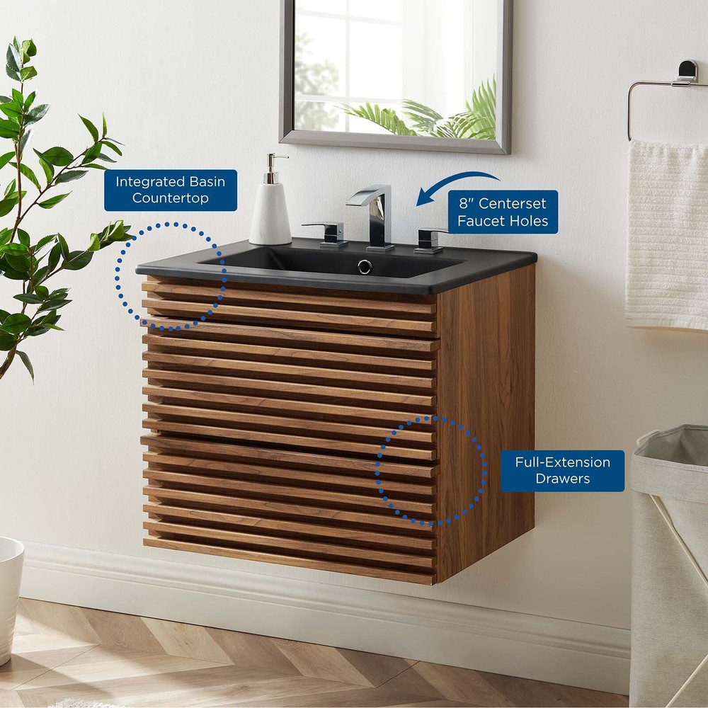 Modway Render 24" Wall-Mount Bathroom Vanity in Walnut Black