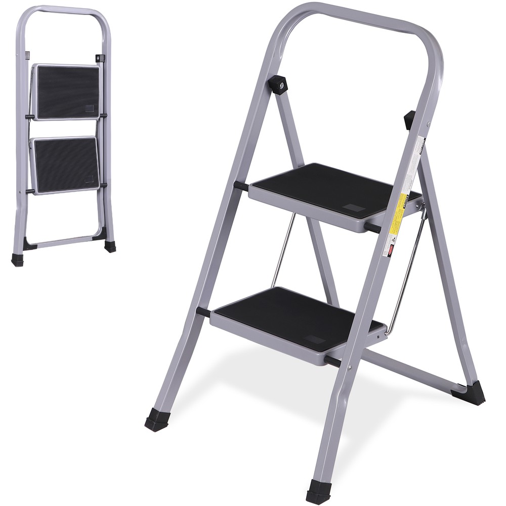 2 Step Ladder Folding Step Stool with Convenient Handgrip Handle 380 lbs Gray