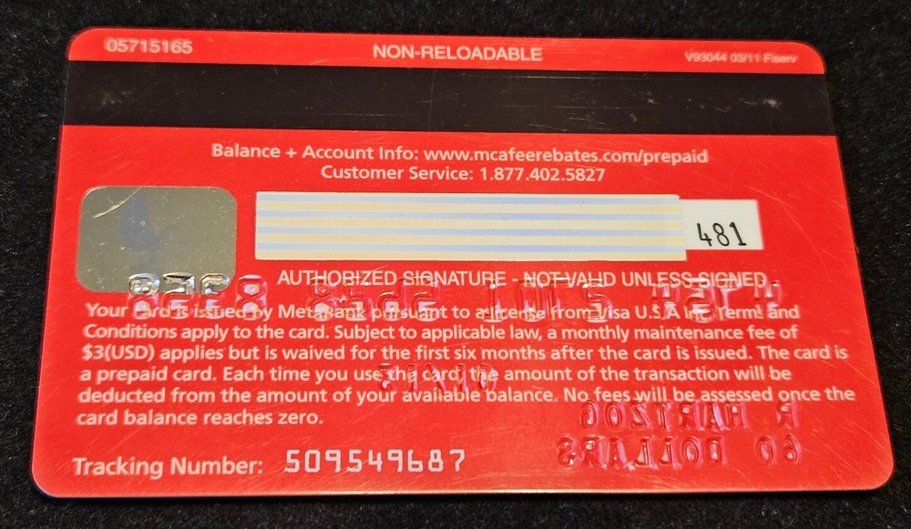 McAfee Visa Debit Charge Card ~ Exp 2013 ~ cc2391