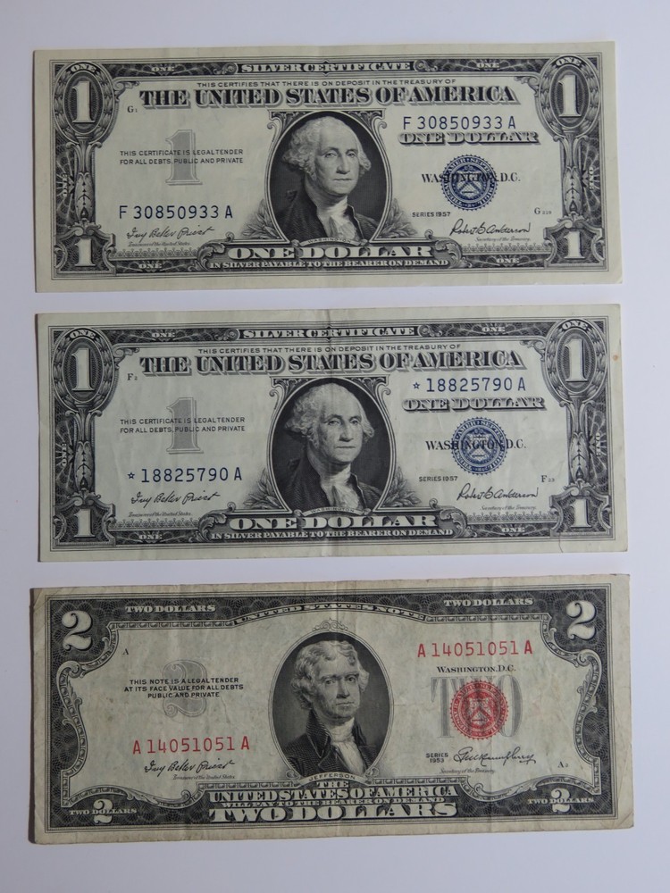 2 - $1 Silver Certs (1 * Note) & 1 - $2 Red Seal Note