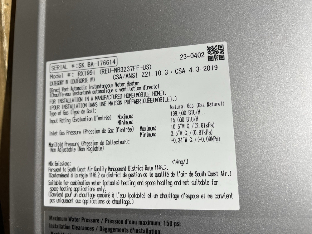 Rinnai RX199iN Tankless Water Heater 199k BTU Nat. Gas/Propane Gas (B-7 #1598)