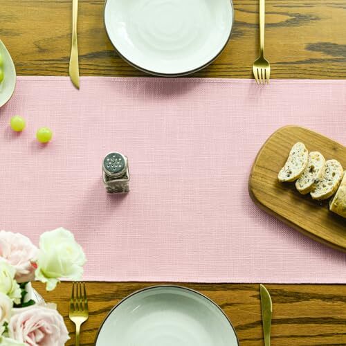 Tassel Table Runner, Linen Blend Rustic 13" x 48", Table Runner Blush Pink
