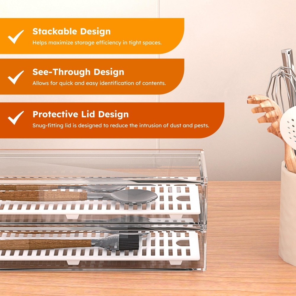 2 Pack Clear Silverware organizer with lid, Plastic Flatware Storage Box, Kit...