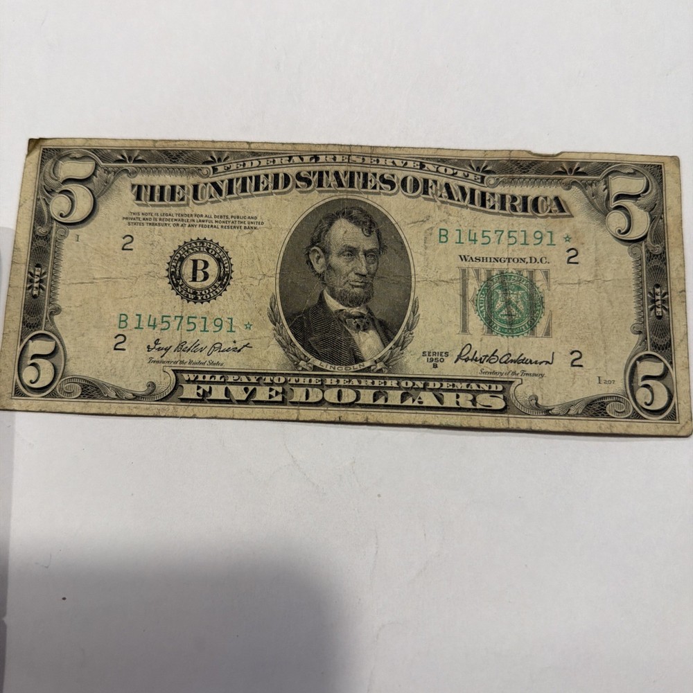 * STAR-NOTE * 1950 $5 Green Seal Note Decent Shape D264