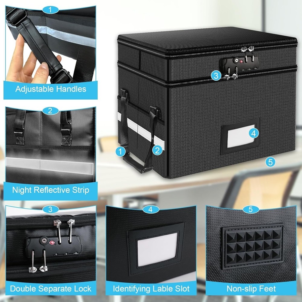 Fireproof Document Box with Lock - Portable 2 Layer File Safe for Home & Office