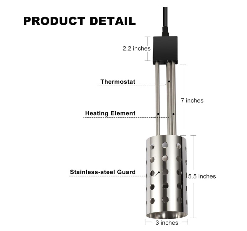 Quick-Heating 1000W Submersible Bucket Heater with Thermostat - Durable Design