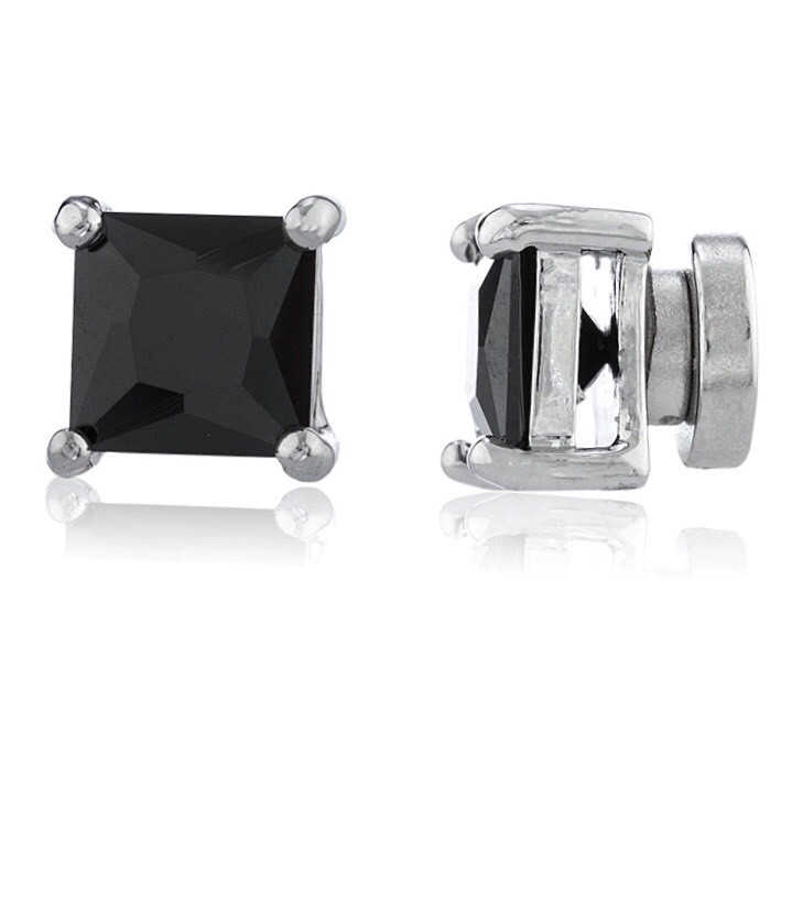Silvertone with Black Cz Square Magnetic Stud Earrings