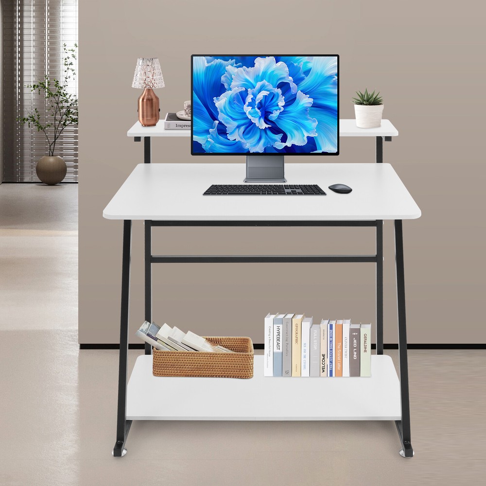 3-tier Computer Desk, Home Office Desk, Rolling Computer Desk, Black, White