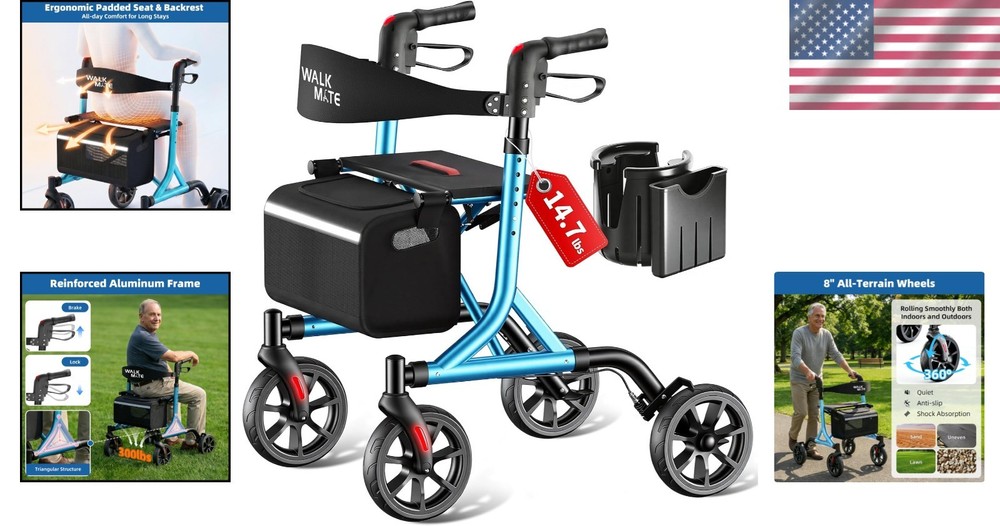 Adjustable Height Rollator Walker for Seniors - Blue