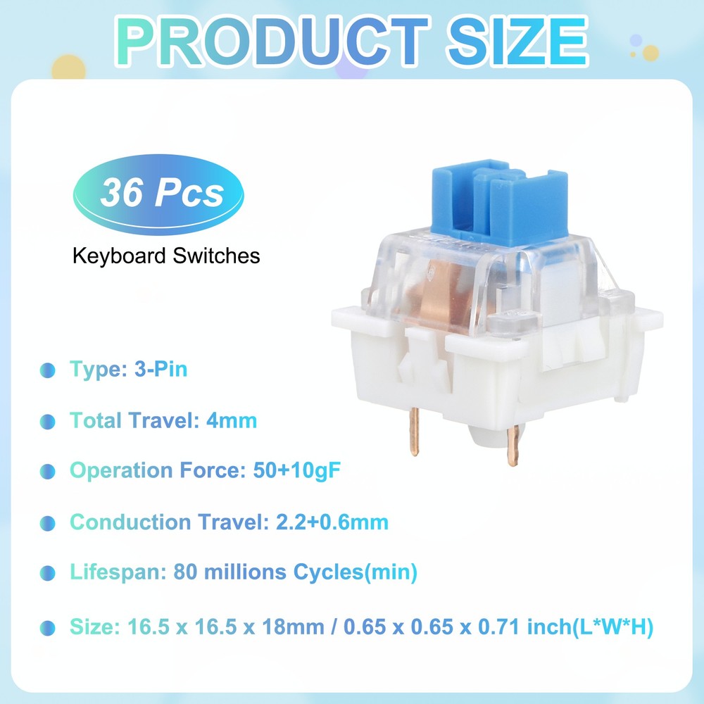 36pcs Light Blue Keyboard Switch 3-Pin 50gf Linear Keyboard Switch Replacement