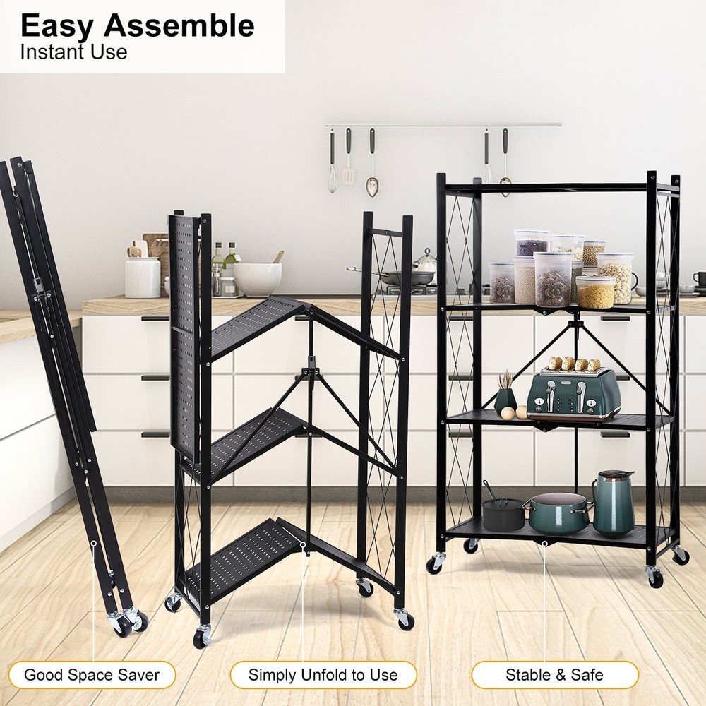 4-Tier Foldable Metal Rack Storage Shelving Unit with Wheels 2 Pack