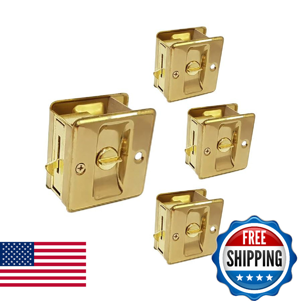 QCAA Solid Brass Sliding Door Pull Door Pocket, Polished Brass, Lockable, 4 Pack