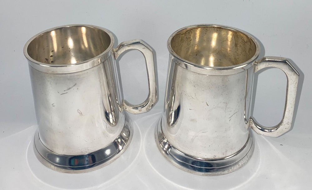 Pair 4.5" SILVER PLATED Tankards 2 plate tankard stein silverplate