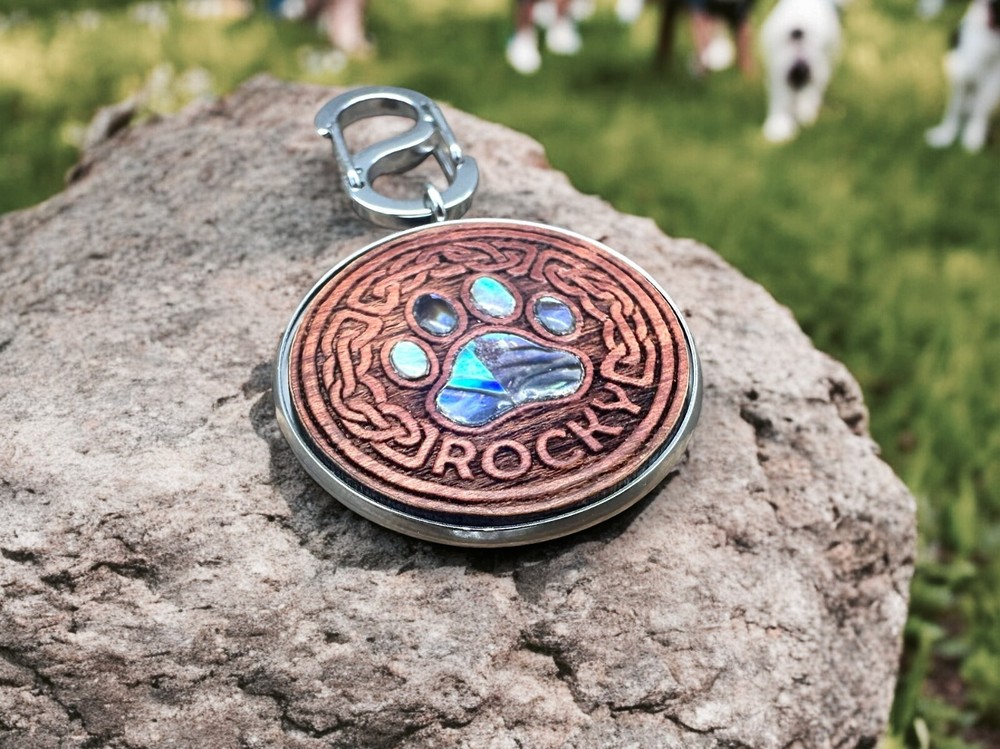 Wood dog id tags engraved