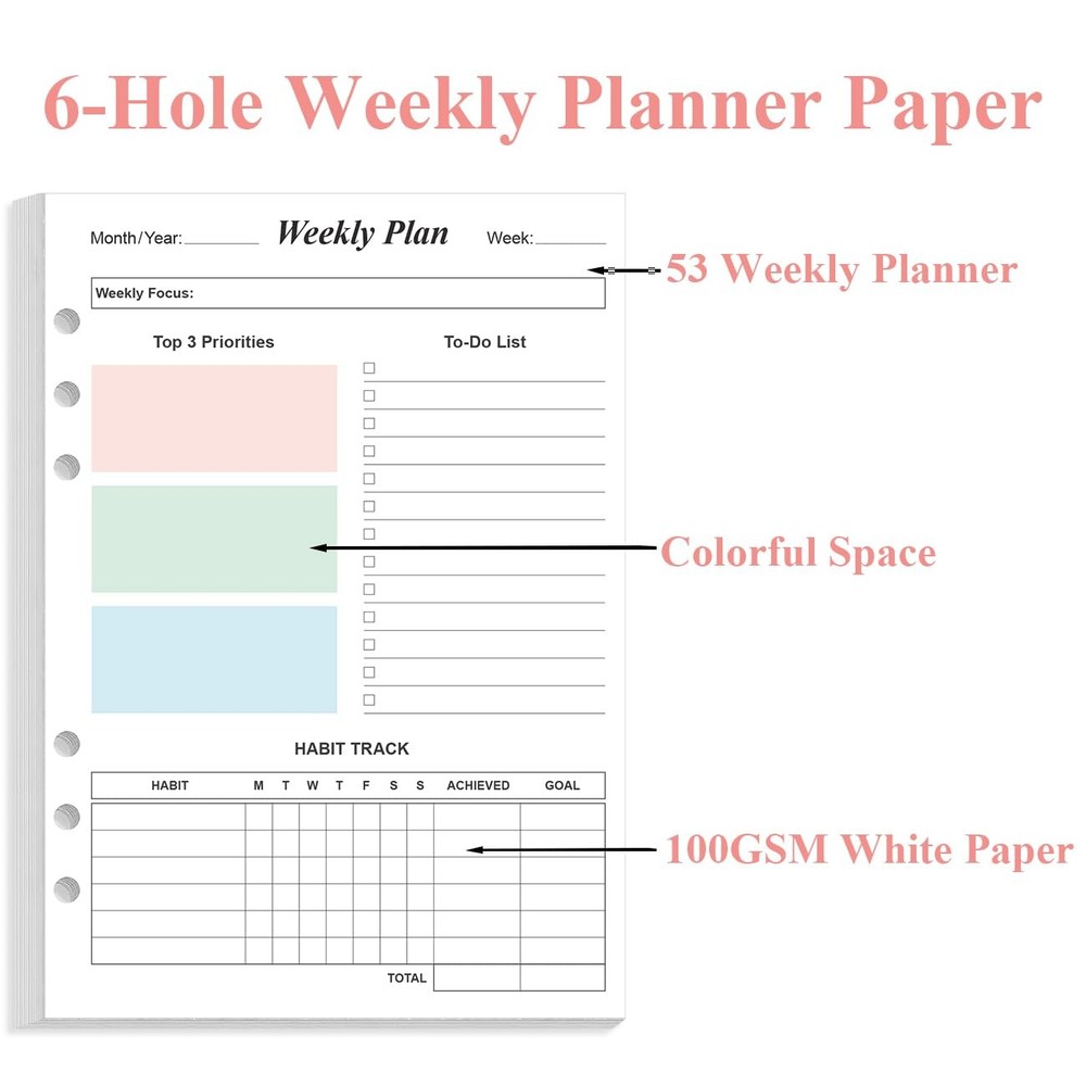 Weekly Planner Refills for A5 Binders - 53 Sheets/106 Pages 1-Pack, Colorful