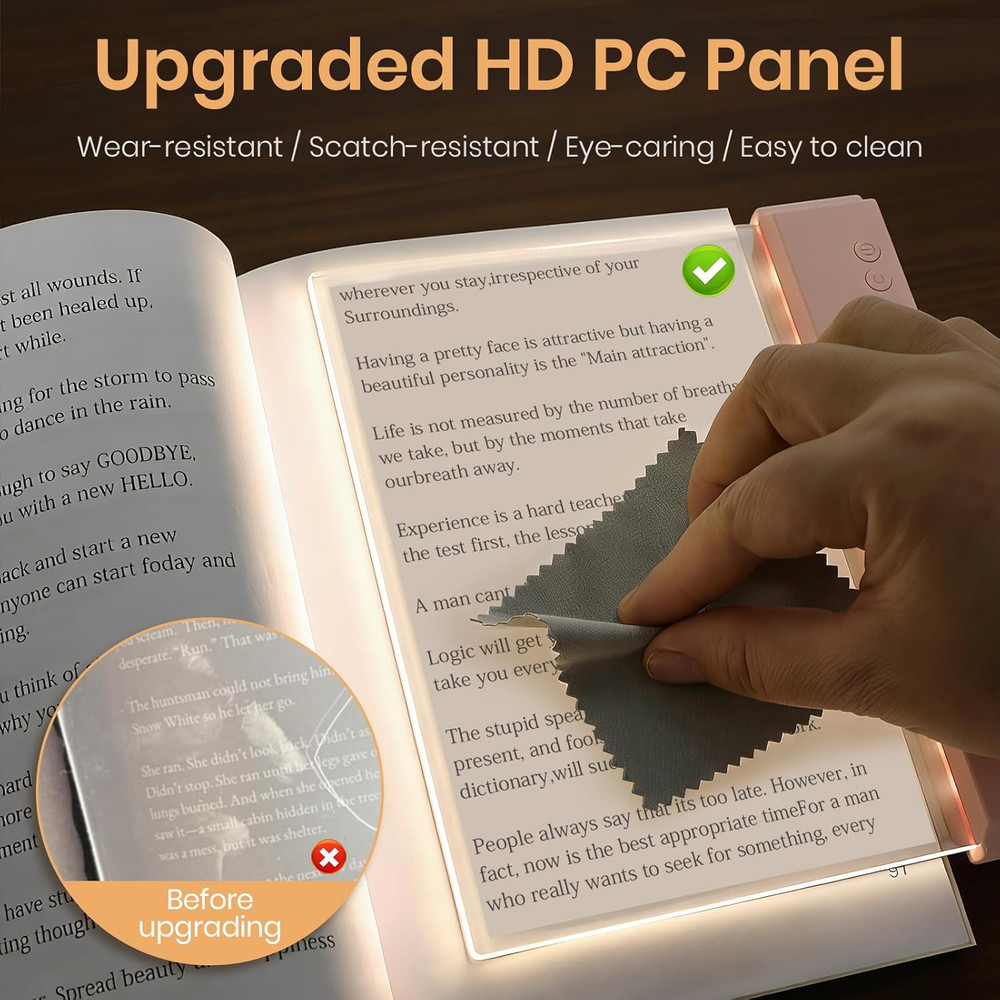 Flat Book Light, Rechargeable Clear LED Smart Reading Light with 3 Colors & Time
