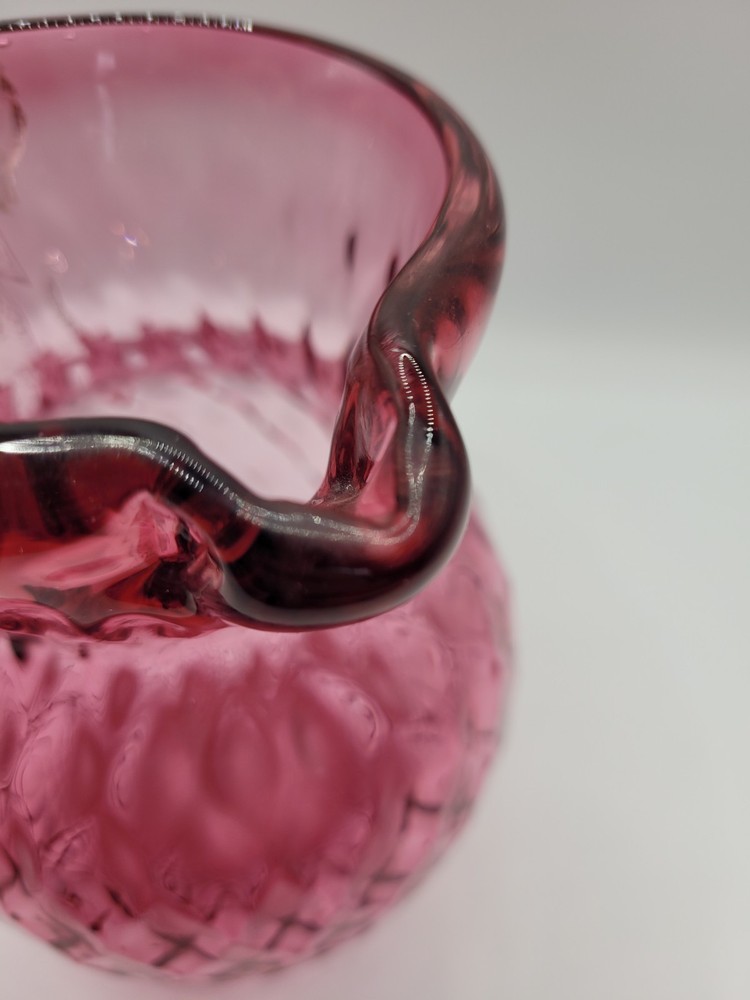 Cranberry Art Glass Pitcher Diamond Pattern With Applied Clear Handle