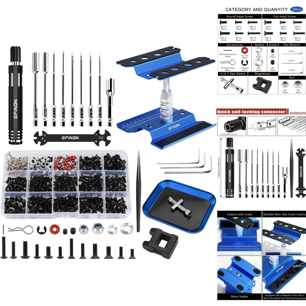360 Rotating RC Car Work Stand with 520pc Screw Kit & Hex Driver Tool Set 1/10