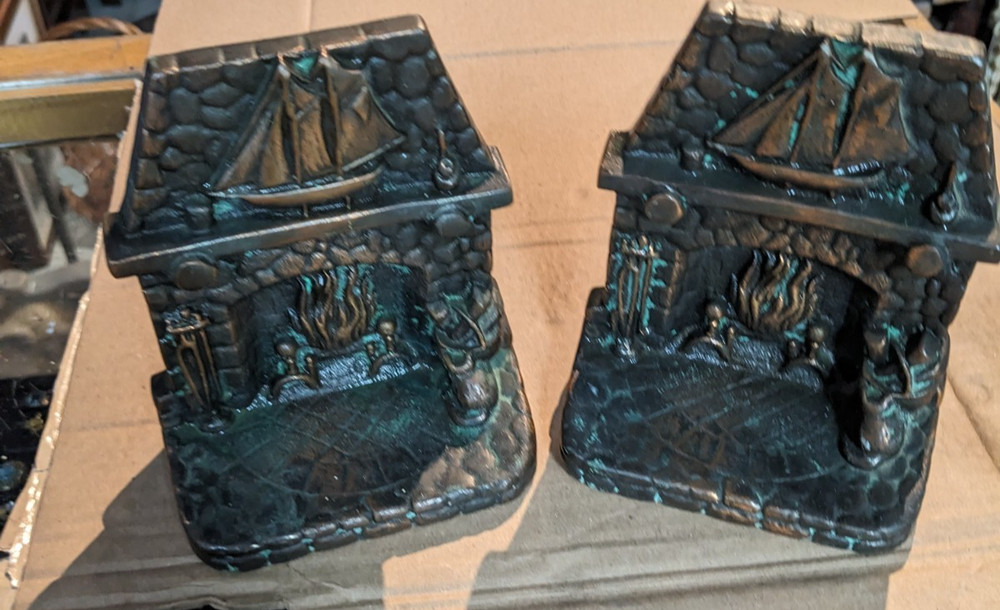 2 Solid Red Brass Bookends Rustic Blazing Fireplace With Ship On Mantel 9lb+