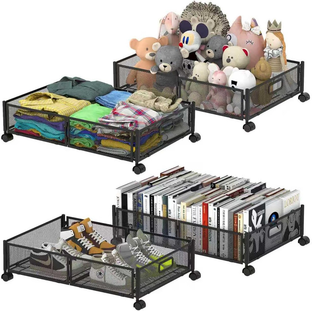 Foldable Under Bed Storage Containers with Wheels & Handles - 4 Pack (Black)