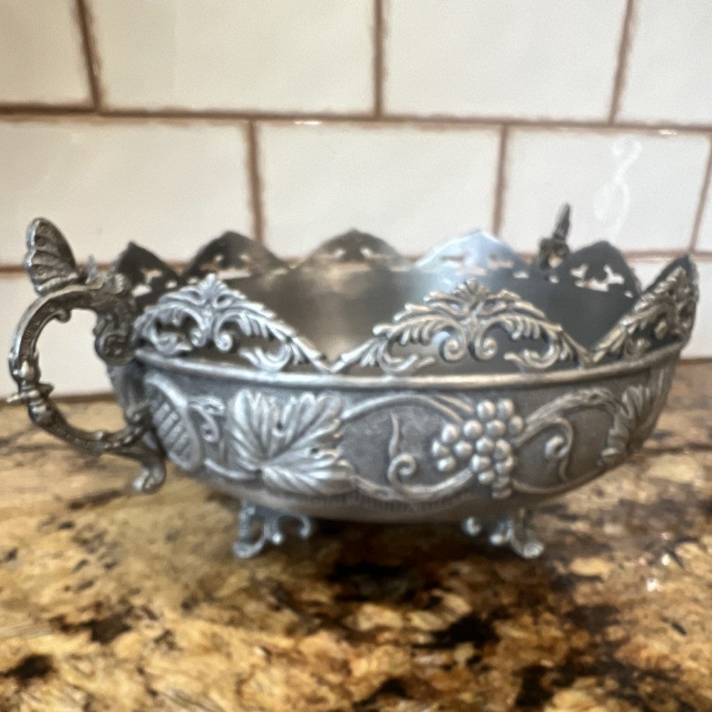 Victorian Silverplate Bowl Grape Leaf Pattern Ornate Handles Decorative Feet