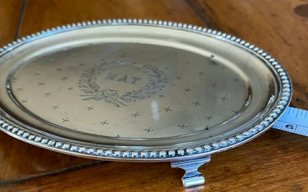 Antique Sterling Silver Footed Mini Tray w Beaded Edging & Engraved Monogram